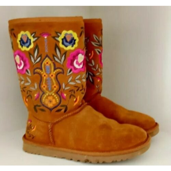 UGG Shoes - UGG Australia Juliette Boots Floral Embroidery Suede Chestnut Womens Size 5